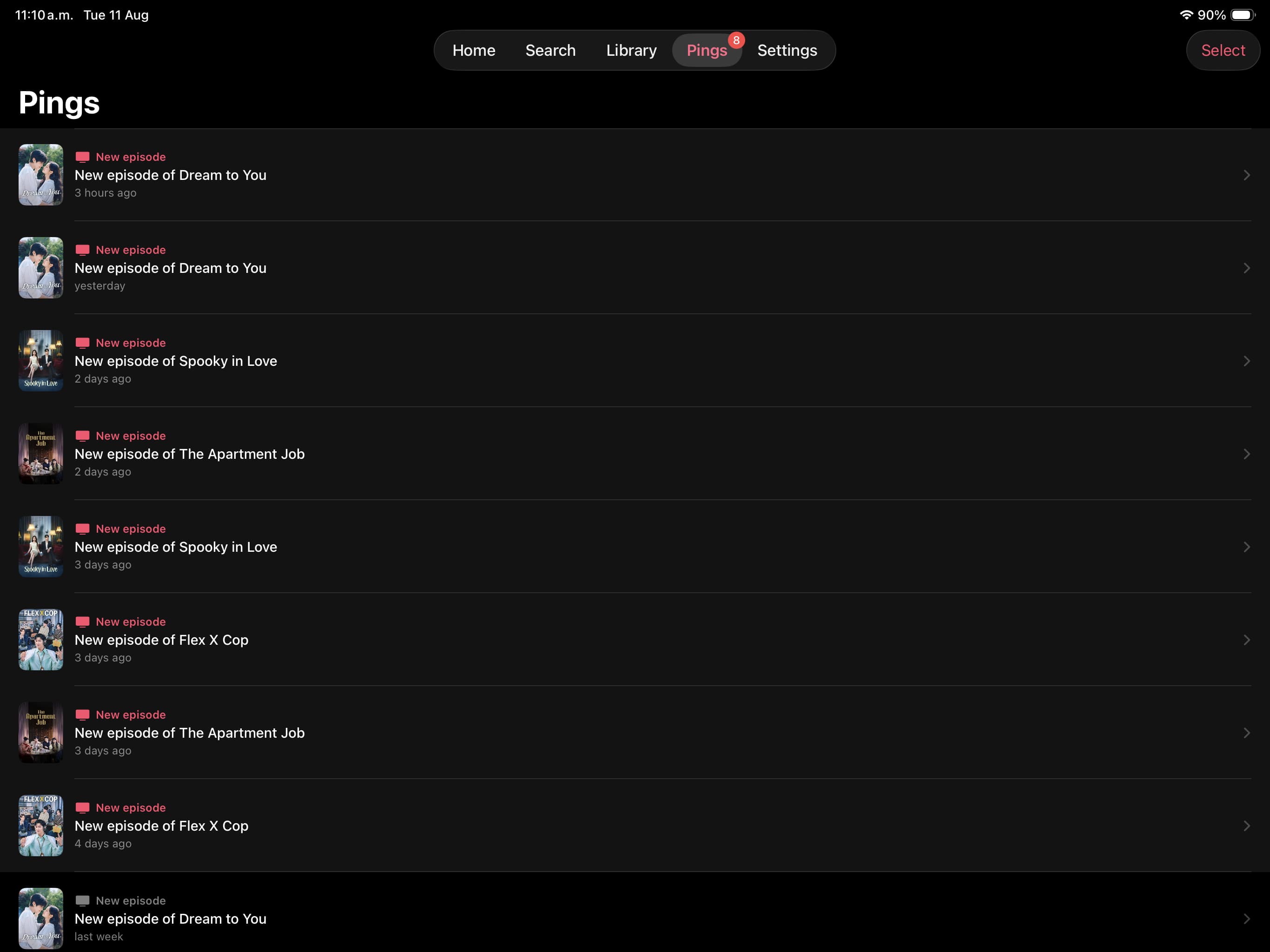 DramaPing notification history showing recent new-episode alerts