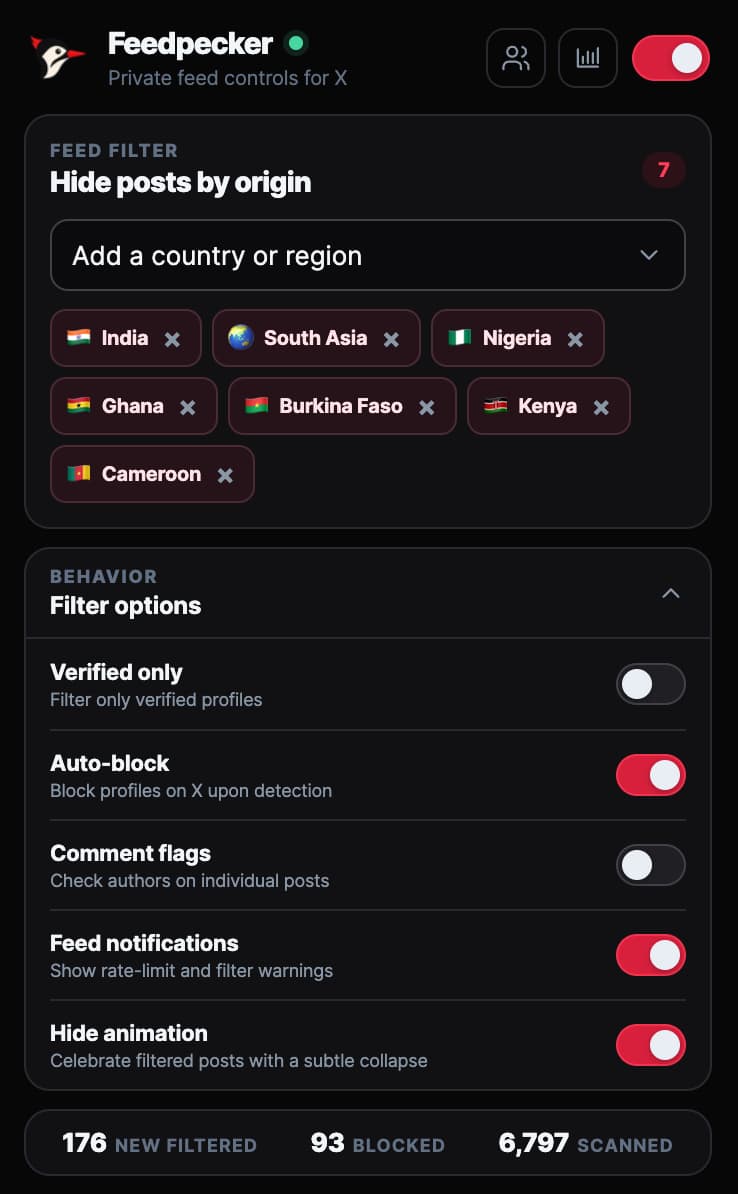 Feedpecker extension popup with country filters and behavior settings