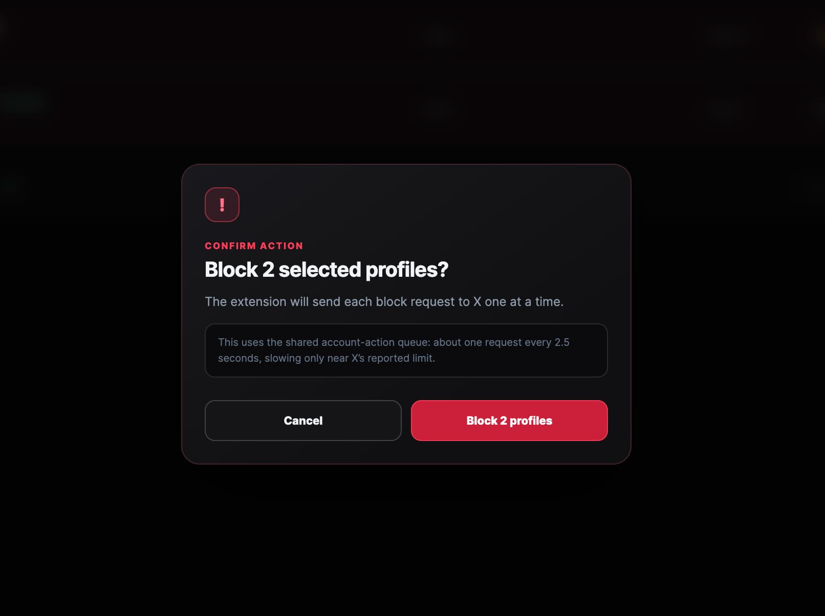 Feedpecker confirmation dialog for blocking two selected profiles