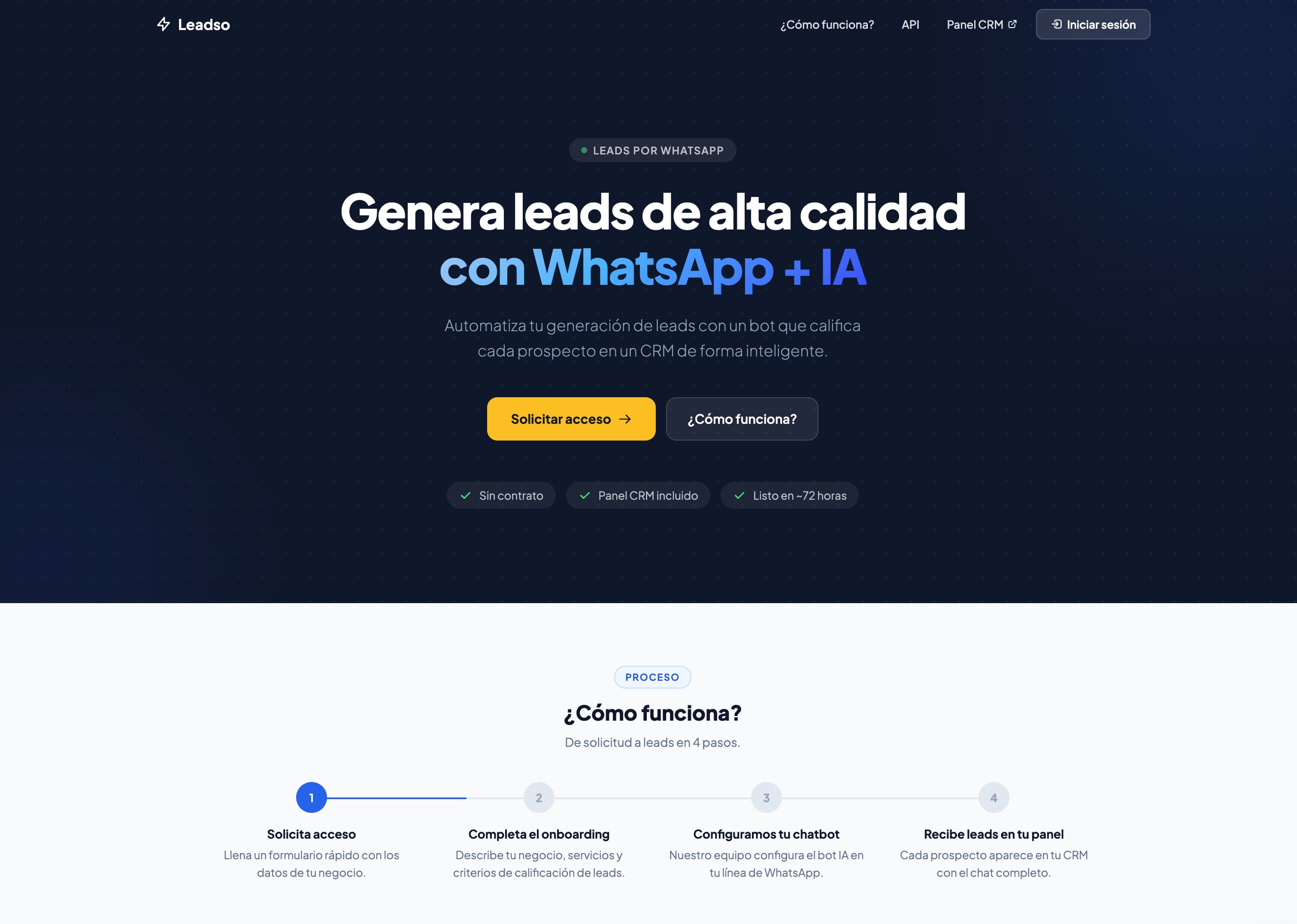Leadso landing page introducing WhatsApp lead generation and the four-step setup process